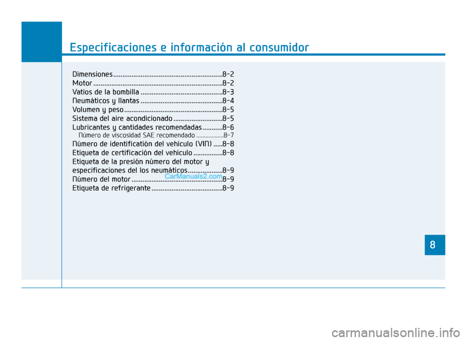 Hyundai Sonata 2016 Manual del propietario (in Spanish) 8
Especificaciones e información al consumidor
8
Specifications & Consumer information
8
Especificaciones e información al consumidor
8
Dimensiones .................................................. Hyundai Sonata 2016 Manual del propietario (in Spanish) 8
Especificaciones e información al consumidor
8
Specifications & Consumer information
8
Especificaciones e información al consumidor
8
Dimensiones ..................................................