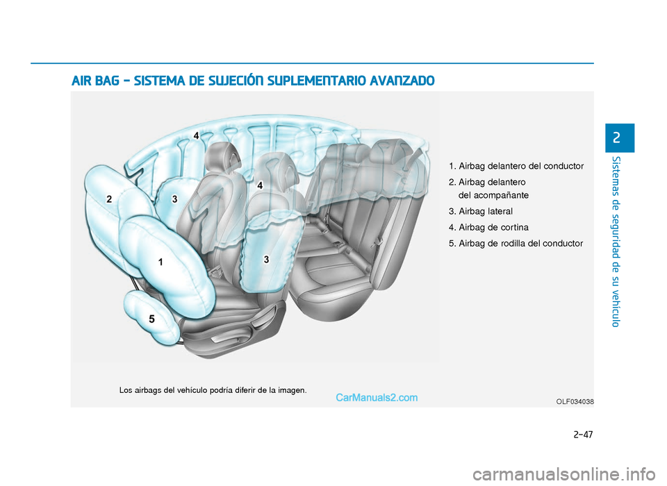 Hyundai Sonata 2016  Manual del propietario (in Spanish) 2-47
Sistemas de seguridad de su vehículo
2
A
AI
IR
R  
 B
B A
A G
G  
 -
-  
 S
S I
IS
S T
T E
EM
M A
A 
 D
D E
E 
 S
S U
U J
JE
E C
CI
IÓ
Ó N
N 
 S
S U
U P
PL
LE
E M
M E
EN
N T
TA
A R
RI
IO
O  
 