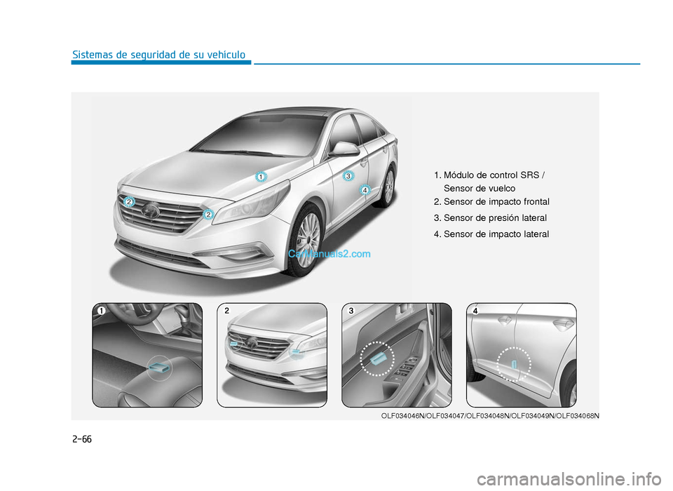 Hyundai Sonata 2016  Manual del propietario (in Spanish) 2-66
Sistemas de seguridad de su vehículo
1. Módulo de control SRS /Sensor de vuelco
2. Sensor de impacto frontal
3. Sensor de presión lateral  
4. Sensor de impacto lateral 
OLF034046N/OLF034047/O