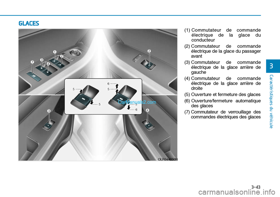 Hyundai Sonata 2016  Manuel du propriétaire (in French) 3-43
Caractéristiques du véhicule
3
(1) Commutateur de commandeélectrique de la glace du
conducteur
(2)  Commutateur de commande
électrique de la glace du passager
avant
(3)  Commutateur de comman