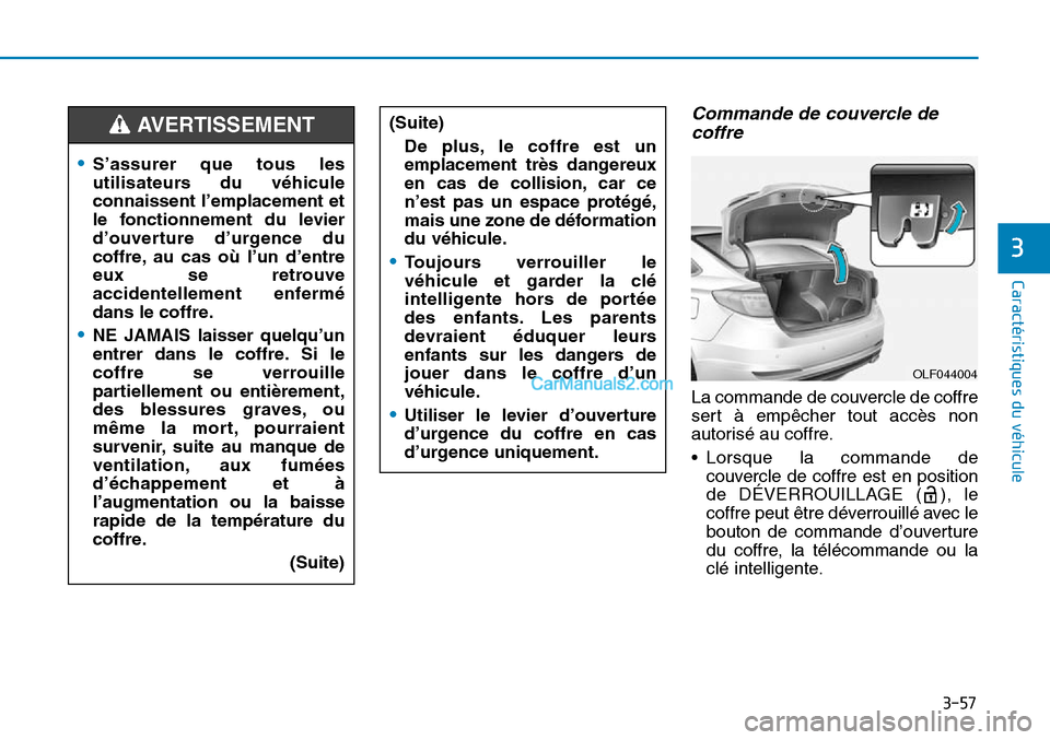 Hyundai Sonata 2016  Manuel du propriétaire (in French) 3-57
Caractéristiques du véhicule
3
Commande de couvercle decoffre
La commande de couvercle de coffre
sert à empêcher tout accès non
autorisé au coffre.
• Lorsque la commande de
couvercle de c