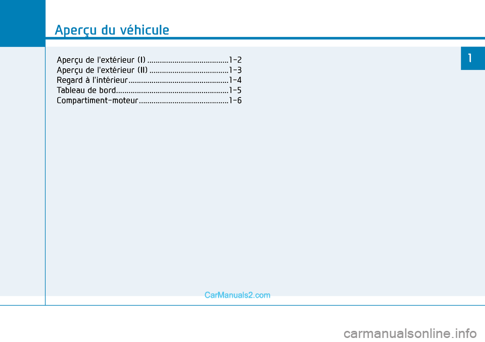 Hyundai Sonata 2016  Manuel du propriétaire (in French) Aperçu du véhicule
1
Aperçu du véhicule
1Aperçu de l’extérieur (I) .......................................1-2
Aperçu de l’extérieur (II) ......................................1-3
Regard à