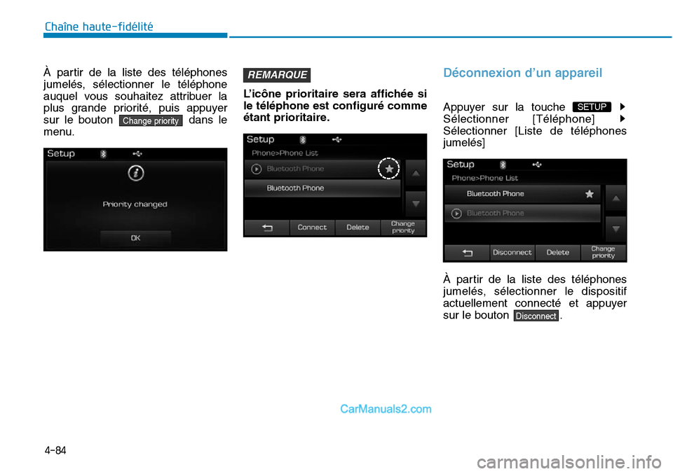 Hyundai Sonata 2016  Manuel du propriétaire (in French) 4-84
Chaîne haute-fidélité
À partir de la liste des téléphones
jumelés, sélectionner le téléphone
auquel vous souhaitez attribuer la
plus grande priorité, puis appuyer
sur le bouton dans le