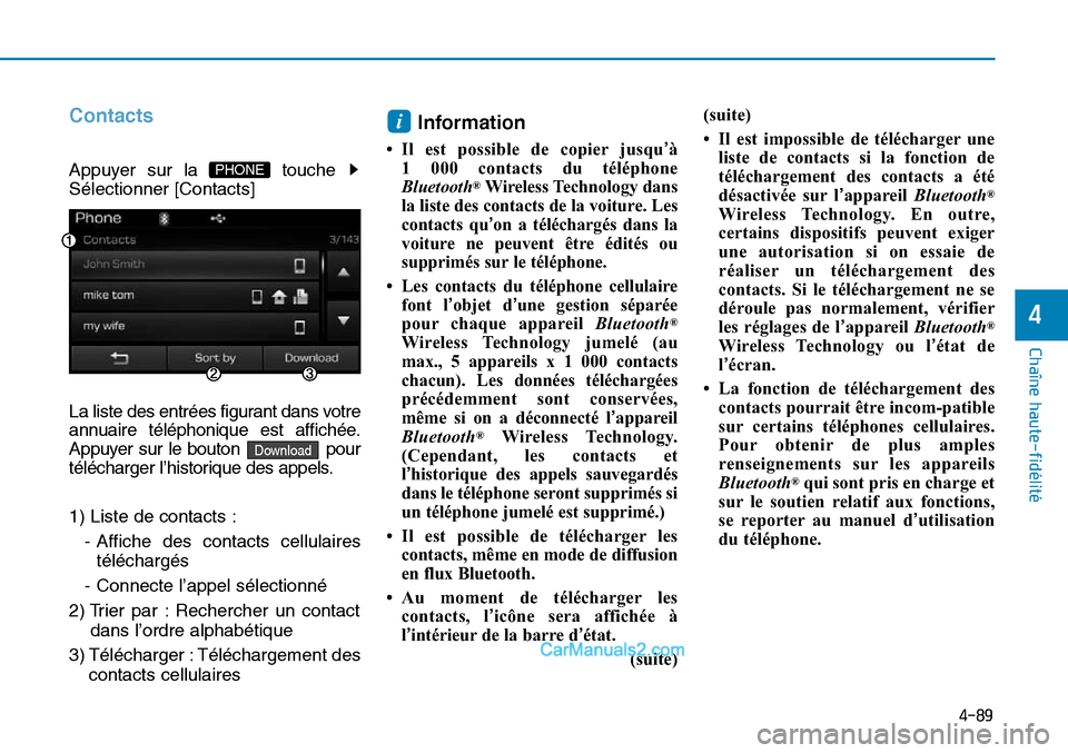 Hyundai Sonata 2016  Manuel du propriétaire (in French) 4-89
Chaîne haute-fidélité
4
Contacts
Appuyer sur la  touche 
Sélectionner [Contacts]
La liste des entrées figurant dans votre
annuaire téléphonique est affichée.
Appuyer sur le bouton  pour
t