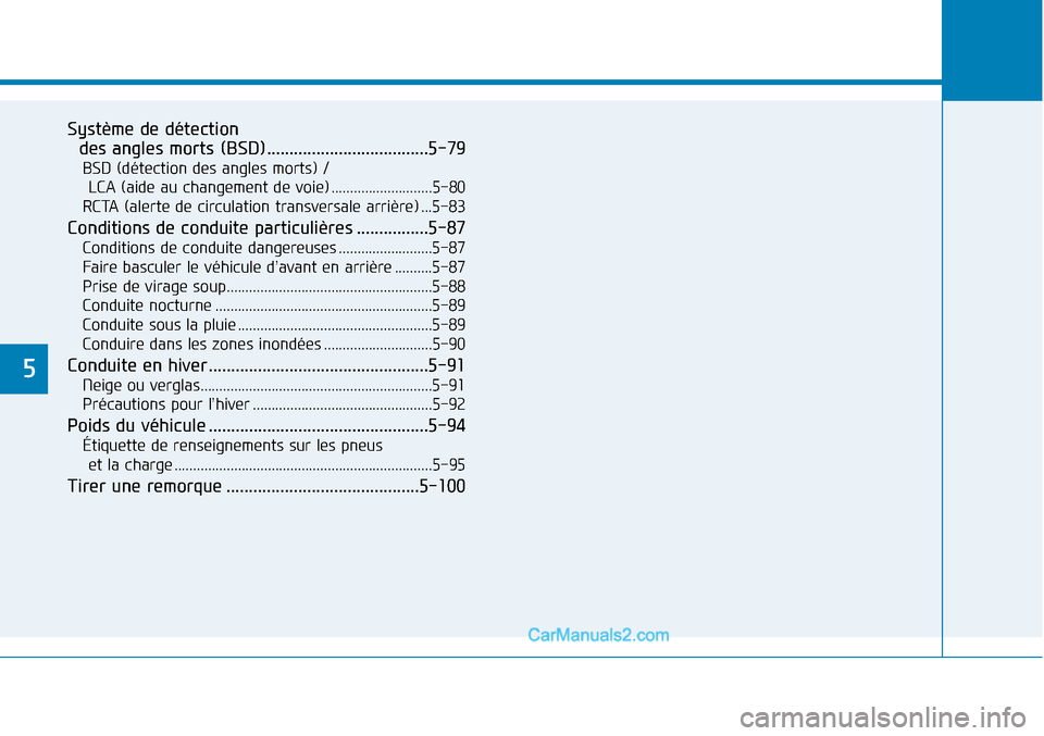 Hyundai Sonata 2016 Manuel du propriétaire (in French) 5
Système de détection des angles morts (BSD)....................................5-79
BSD (détection des angles morts) /
LCA (aide au changement de voie) ...........................5-80
RCTA (aler Hyundai Sonata 2016 Manuel du propriétaire (in French) 5
Système de détection des angles morts (BSD)....................................5-79
BSD (détection des angles morts) /
LCA (aide au changement de voie) ...........................5-80
RCTA (aler
