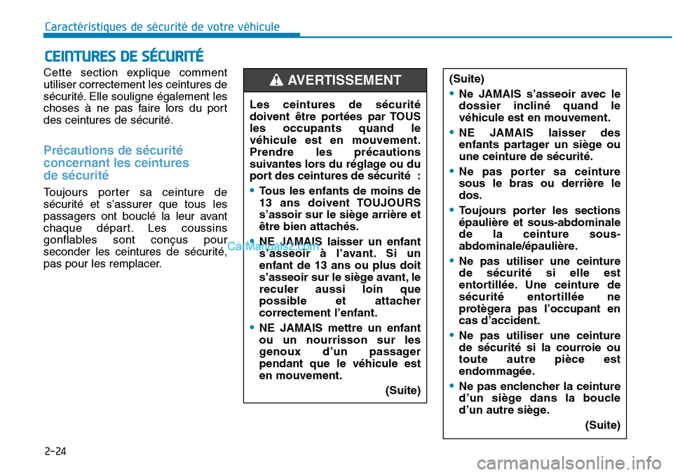 Hyundai Sonata 2016  Manuel du propriétaire (in French) 2-24
Caractéristiques de sécurité de votre véhicule
Cette section explique comment
utiliser correctement les ceintures de
sécurité. Elle souligne également les
choses à ne pas faire lors du po