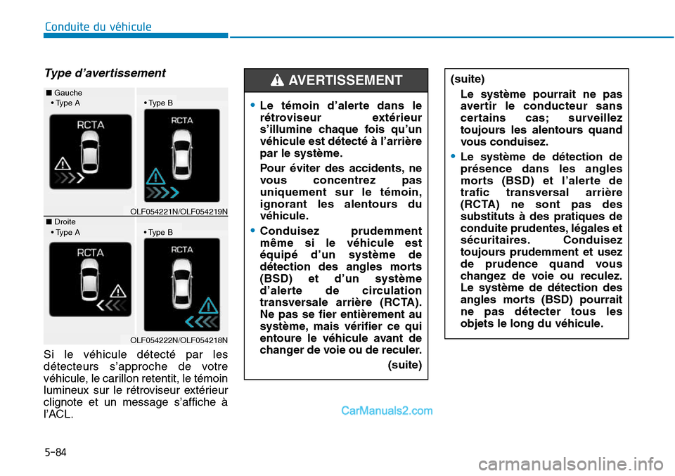 Hyundai Sonata 2016 Manuel du propriétaire (in French) 5-84
Conduite du véhicule
Type d’avertissement
Si le véhicule détecté par les
détecteurs s’approche de votre
véhicule, le carillon retentit, le témoin
lumineux sur le rétroviseur extérieu Hyundai Sonata 2016 Manuel du propriétaire (in French) 5-84
Conduite du véhicule
Type d’avertissement
Si le véhicule détecté par les
détecteurs s’approche de votre
véhicule, le carillon retentit, le témoin
lumineux sur le rétroviseur extérieu
