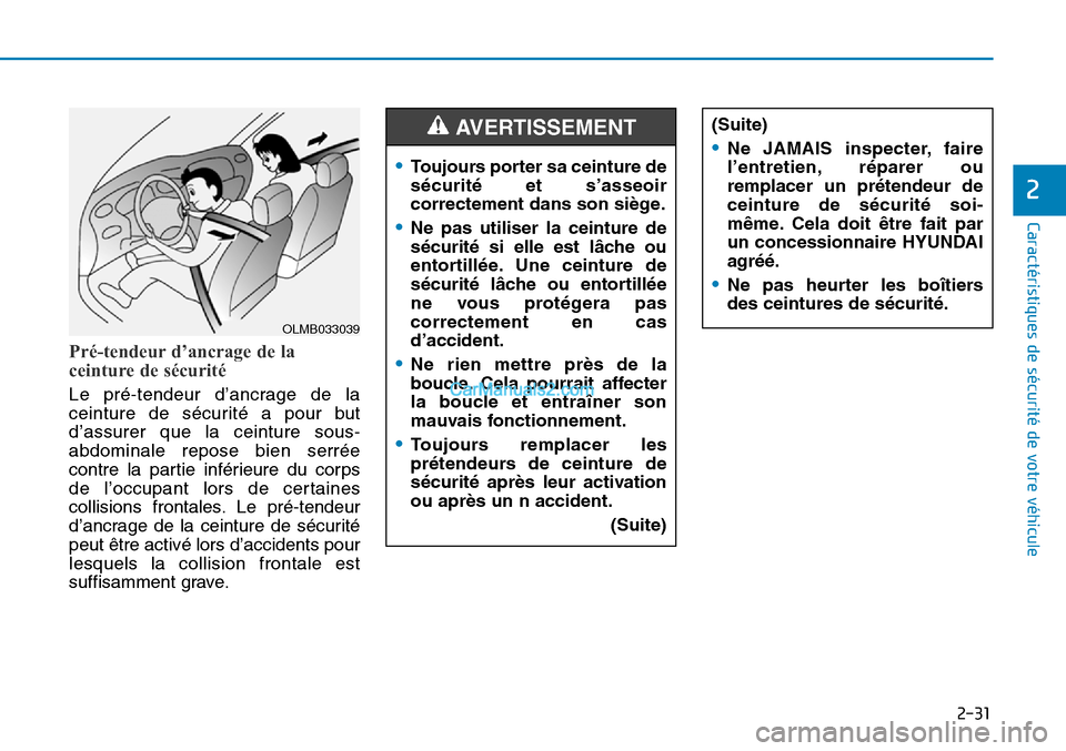 Hyundai Sonata 2016  Manuel du propriétaire (in French) 2-31
Caractéristiques de sécurité de votre véhicule
2
Pré-tendeur d’ancrage de la
ceinture de sécurité
Le pré-tendeur d’ancrage de la
ceinture de sécurité a pour but
d’assurer que la c