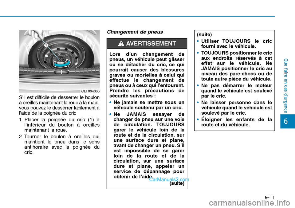 Hyundai Sonata 2016 Manuel du propriétaire (in French) 6-11
Que faire en cas d’urgence
6
S’il est difficile de desserrer le boulon
à oreilles maintenant la roue à la main,
vous pouvez le desserrer facilement à
l’aide de la poignée du cric
1. Pla Hyundai Sonata 2016 Manuel du propriétaire (in French) 6-11
Que faire en cas d’urgence
6
S’il est difficile de desserrer le boulon
à oreilles maintenant la roue à la main,
vous pouvez le desserrer facilement à
l’aide de la poignée du cric
1. Pla