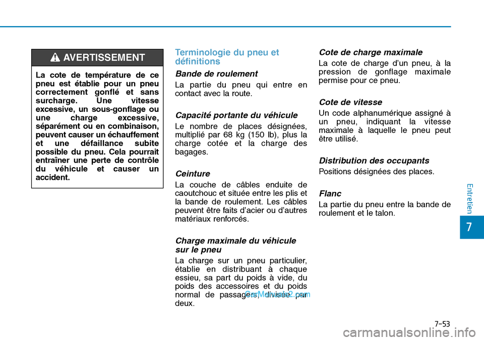 Hyundai Sonata 2016 Manuel du propriétaire (in French) 7-53
7
Entretien
Terminologie du pneu et
définitions
Bande de roulement
La partie du pneu qui entre en
contact avec la route.
Capacité portante du véhicule
Le nombre de places désignées,
multipli Hyundai Sonata 2016 Manuel du propriétaire (in French) 7-53
7
Entretien
Terminologie du pneu et
définitions
Bande de roulement
La partie du pneu qui entre en
contact avec la route.
Capacité portante du véhicule
Le nombre de places désignées,
multipli