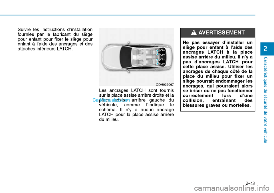 Hyundai Sonata 2016  Manuel du propriétaire (in French) 2-43
Caractéristiques de sécurité de votre véhicule
2
Suivre les instructions d’installation
fournies par le fabricant du siège
pour enfant pour fixer le siège pour
enfant à l’aide des ancr