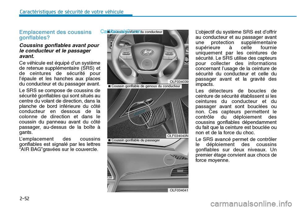 Hyundai Sonata 2016  Manuel du propriétaire (in French) 2-52
Caractéristiques de sécurité de votre véhicule
Emplacement des coussins
gonflables? 
Coussins gonflables avant pourle conducteur et le passageravant.
Ce véhicule est équipé d’un système