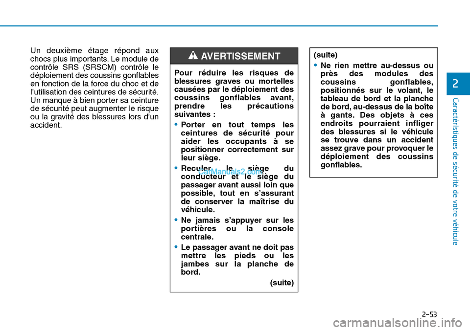 Hyundai Sonata 2016  Manuel du propriétaire (in French) 2-53
Caractéristiques de sécurité de votre véhicule
2
Un deuxième étage répond aux
chocs plus importants. Le module de
contrôle SRS (SRSCM) contrôle le
déploiement des coussins gonflables
en