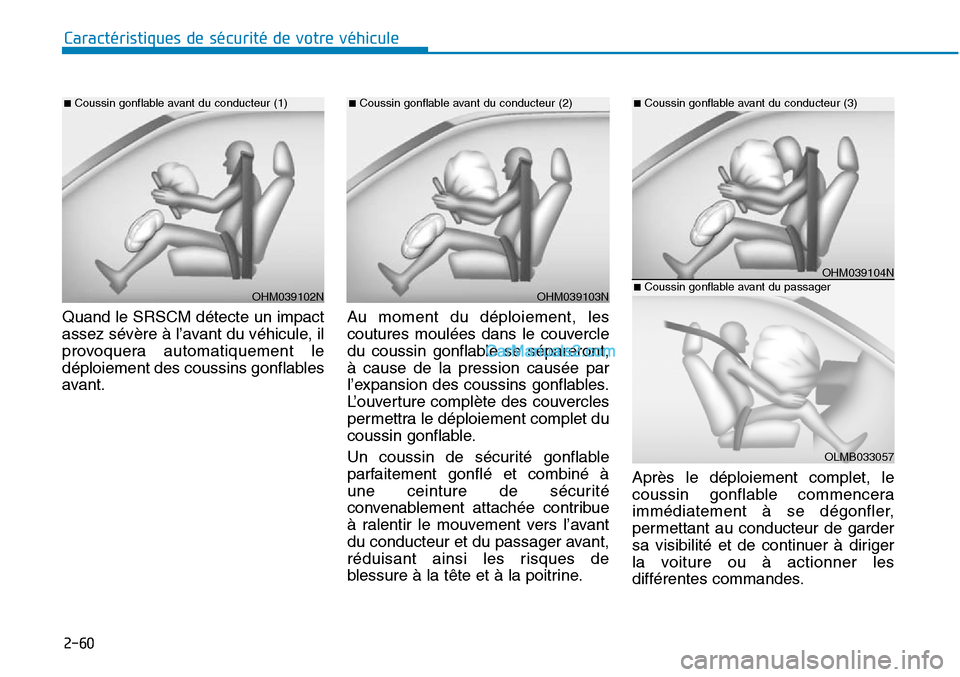 Hyundai Sonata 2016 Manuel du propriétaire (in French) 2-60
Caractéristiques de sécurité de votre véhicule
OHM039103N
OHM039104N
■Coussin gonflable avant du conducteur (3)
OLMB033057
■Coussin gonflable avant du passagerOHM039102N
■Coussin gonfla Hyundai Sonata 2016 Manuel du propriétaire (in French) 2-60
Caractéristiques de sécurité de votre véhicule
OHM039103N
OHM039104N
■Coussin gonflable avant du conducteur (3)
OLMB033057
■Coussin gonflable avant du passagerOHM039102N
■Coussin gonfla