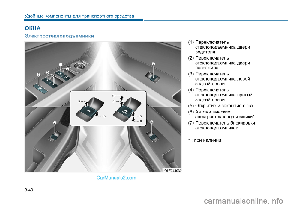Hyundai Sonata 2016  Инструкция по эксплуатации (in Russian) 3-40
Удобные компоненты для транспортного средства
(1) Переключательстеклоподъемника двери 
водителя
(2) Перекл