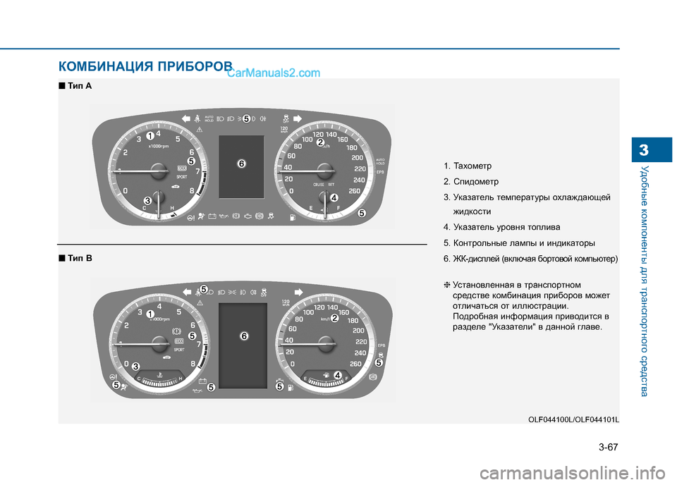 Hyundai Sonata 2016  Инструкция по эксплуатации (in Russian) 3-67
Удобные компоненты для транспортного средства3
КОМБИНАЦИЯ ПРИБОРОВ
1. Тахометр 
2. Спидометр
3. Указатель те