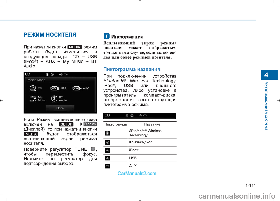 Hyundai Sonata 2016  Инструкция по эксплуатации (in Russian) 4-111
Мультимедийная система4
РЕЖИМ НОСИТЕЛЯ
При нажатии кнопки  режим 
работы будет изменяться в
следующем пор