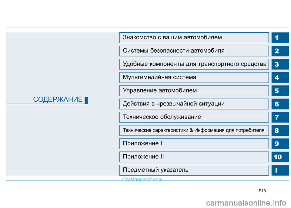 Hyundai Sonata 2016  Инструкция по эксплуатации (in Russian) F13
СОДЕРЖАНИЕ
1 2345
6
7
8
I
Знакомство с вашим автомобилем
Системы безопасности автомобиля
Удобные компоненты дл
