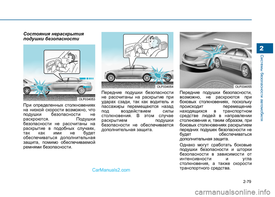 Hyundai Sonata 2016 Инструкция по эксплуатации (in Russian) 2-79
Системы безопасности автомобиля2
Состояния нераскрытия
подушки безопасности
При определенных столкнов Hyundai Sonata 2016 Инструкция по эксплуатации (in Russian) 2-79
Системы безопасности автомобиля2
Состояния нераскрытия
подушки безопасности
При определенных столкнов
