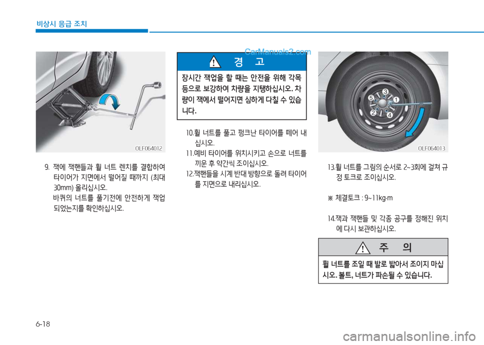Hyundai Sonata 2016  쏘나타 LF - 사용 설명서 (in Korean) 6-18
비상시 응급 조치
좌좋. 휠  너?@를  풀고  펑크난  타이어를  떼어  내
/u/d오 .
좌좌 . 예비  타이어를  위치/d키고  손으$