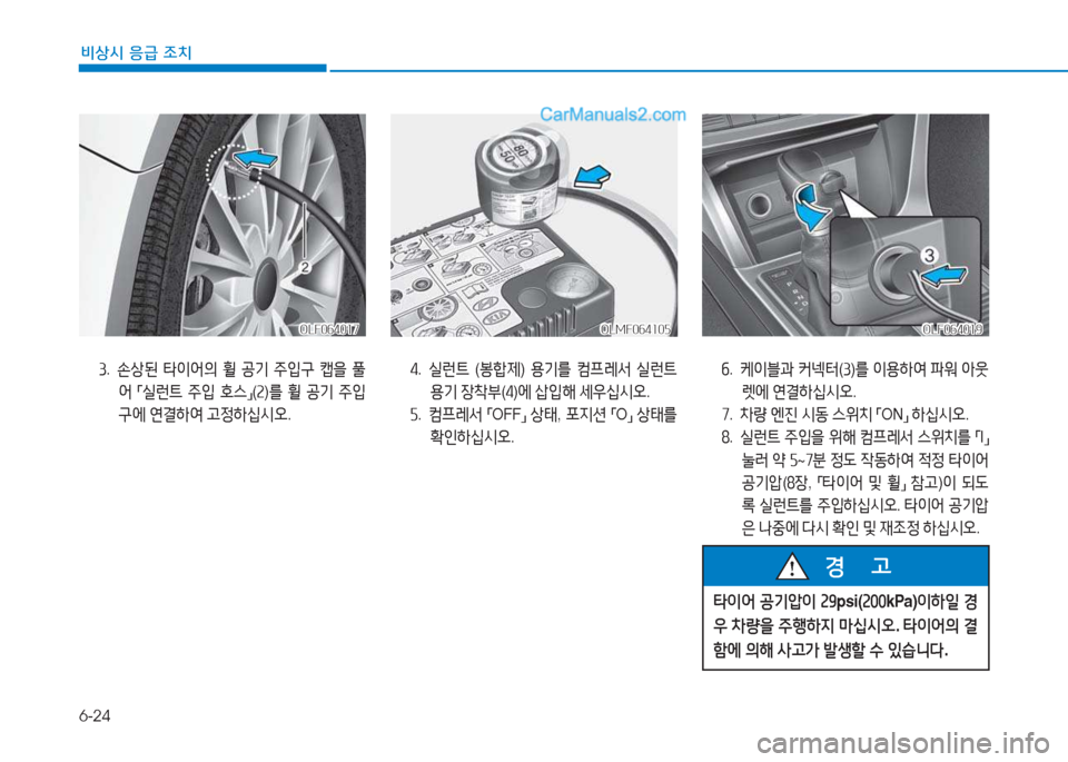 Hyundai Sonata 2016  쏘나타 LF - 사용 설명서 (in Korean) 6-24
비상시 응급 조치
3.  손상된  타이어의  휠  공기  주4
