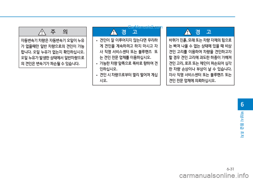 Hyundai Sonata 2016  쏘나타 LF - 사용 설명서 (in Korean) 6-31
비상시 응급 조치
작
   주
        의
4동변.기  8