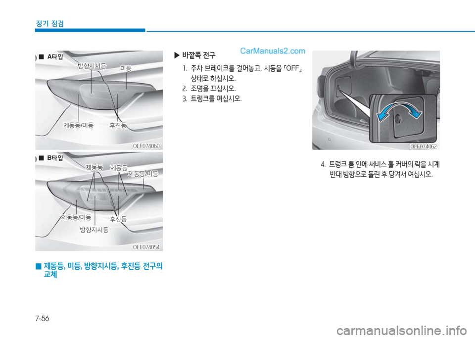 Hyundai Sonata 2016  쏘나타 LF - 사용 설명서 (in Korean) 7-56
정기 점검
4.    
?@렁크  룸  안에  써비스  홀  커버의  $을  /d계
반대  방향으$
