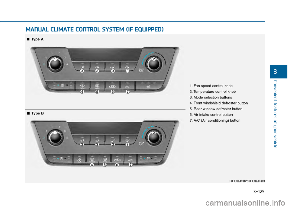 Hyundai Sonata 2015  Owners Manual 3-125
Convenient features of your vehicle
3
M
MA
AN
N U
U A
AL
L 
 C
C L
LI
IM
M A
AT
TE
E 
 C
C O
O N
NT
TR
R O
O L
L 
 S
S Y
Y S
ST
T E
EM
M  
 (
( I
IF
F  
 E
E Q
Q U
UI
IP
P P
PE
ED
D )
)
OLF04420