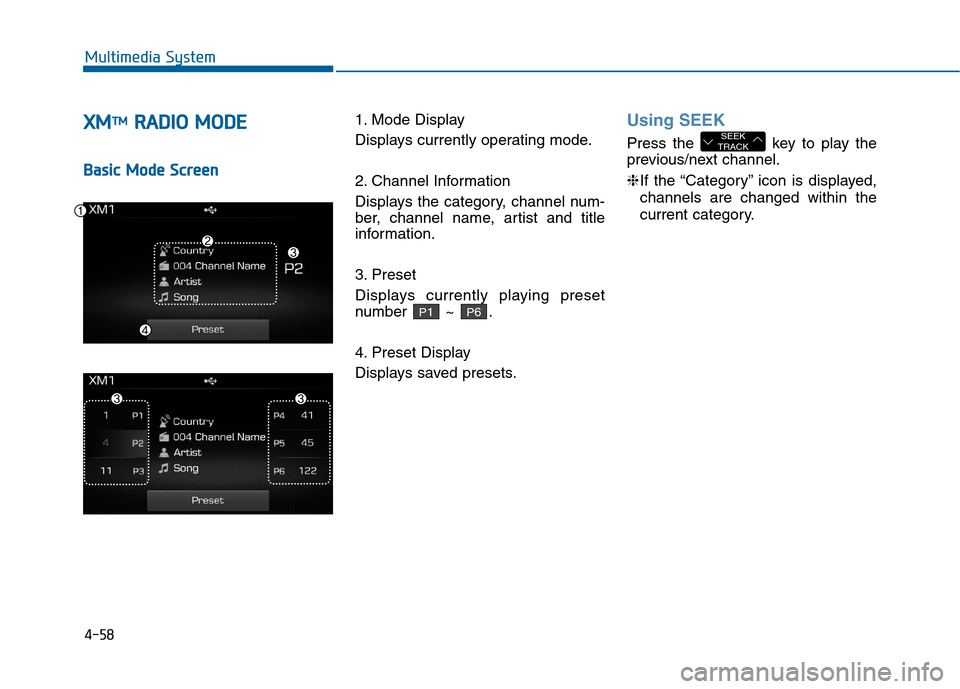 Hyundai Sonata 2015  Owners Manual 4-58
Multimedia System
X
XM
MT
TM
MR
R A
A D
DI
IO
O  
 M
M O
OD
DE
E
B
Ba
as
si
ic
c  
 M
M o
od
de
e 
 S
S c
cr
re
e e
en
n 1. Mode Display
Displays currently operating mode.
2. Channel Information
