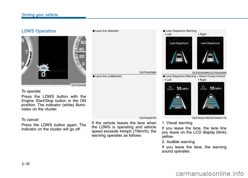 Hyundai Sonata 2015  Owners Manual 5-70
Driving your vehicle
LDWS Operation
To operate:
Press the LDWS button with the
Engine Start/Stop button in the ON
position. The indicator (white) illumi-
nates on the cluster.
To cancel:
Press th