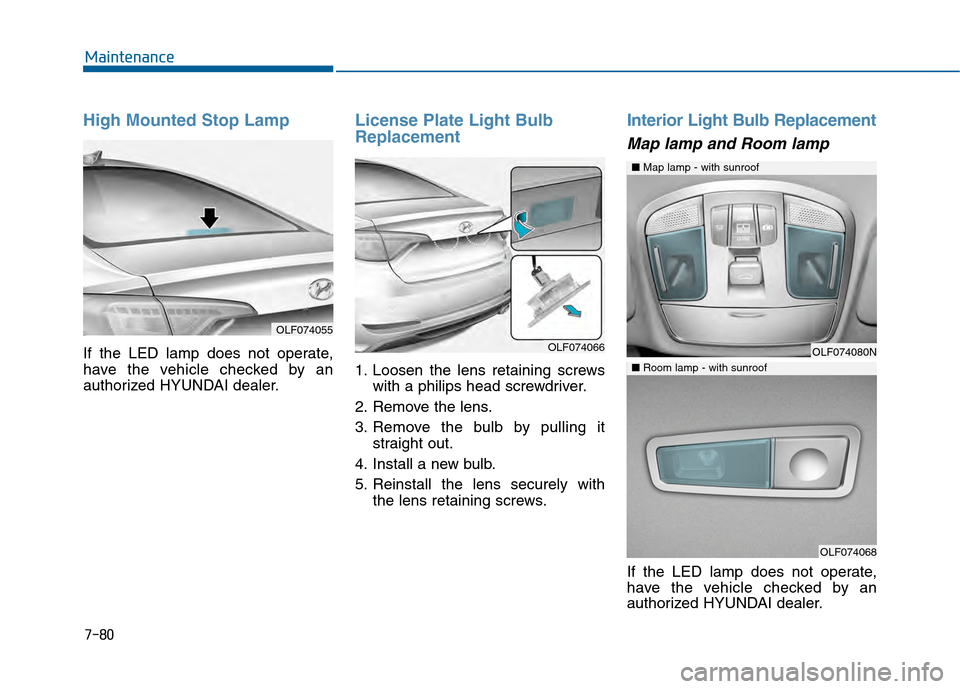 Hyundai Sonata 2015  Owners Manual 7-80
Maintenance
High Mounted Stop Lamp
If the LED lamp does not operate,
have the vehicle checked by an
authorized HYUNDAI dealer.
License Plate Light Bulb
Replacement
1. Loosen the lens retaining sc