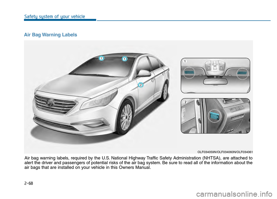 Hyundai Sonata 2015  Owners Manual Air Bag Warning Labels 
OLF034059N/OLF034060N/OLF034061
Air bag warning labels, required by the U.S. National Highway Traffic Safety Administration (NHTSA), are attached to
alert the driver and passen