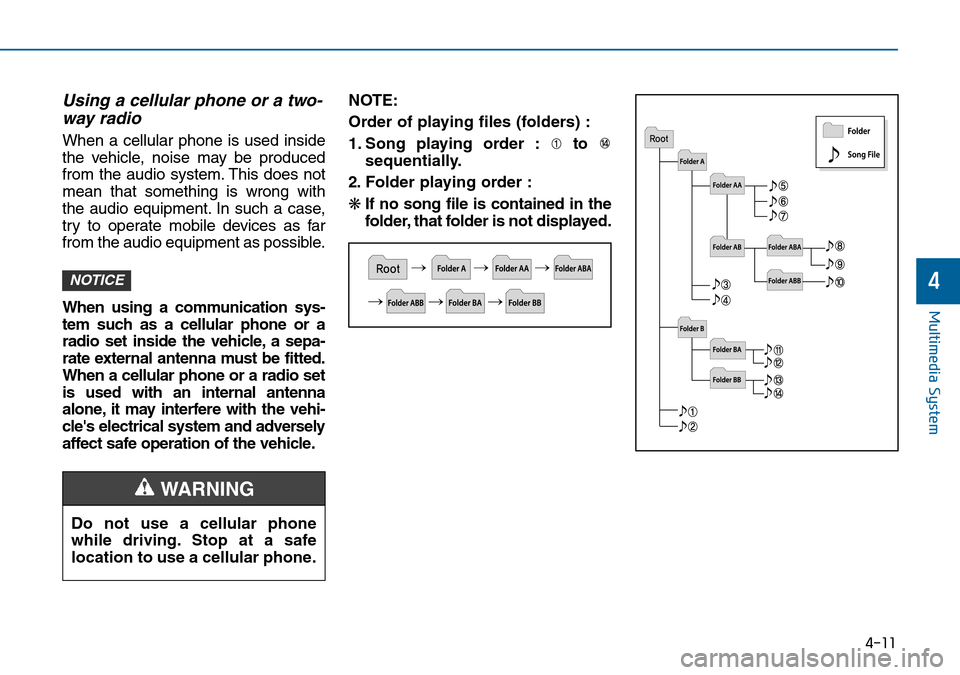 Hyundai Sonata 2015  Owners Manual - RHD (UK, Australia) 4-11
Multimedia System
4
Using a cellular phone or a two-
way radio   
When a cellular phone is used inside
the vehicle, noise may be produced
from the audio system. This does not
mean that something 