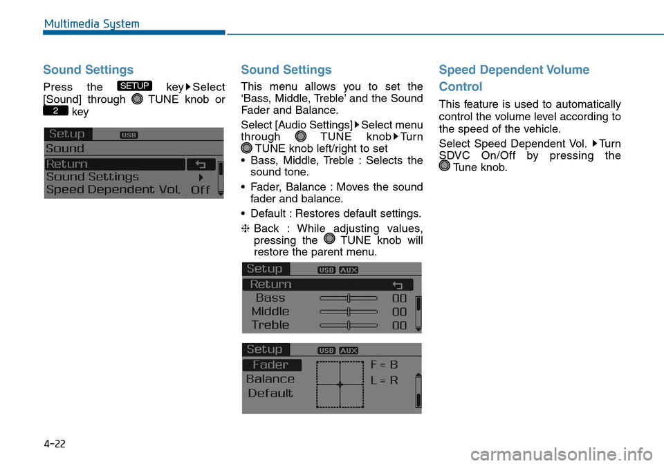 Hyundai Sonata 2015  Owners Manual - RHD (UK, Australia) 4-22
Multimedia System
Sound Settings
Press the  key Select
[Sound] through  TUNE knob or
key
Sound Settings
This menu allows you to set the
‘Bass, Middle, Treble’ and the Sound
Fader and Balance.