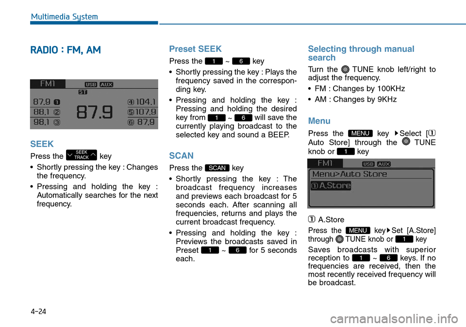 Hyundai Sonata 2015  Owners Manual - RHD (UK, Australia) 4-24
Multimedia System
RADIO : FM, AM 
SEEK
Press the  key 
• Shortly pressing the key : Changes
the frequency.
• Pressing and holding the key :
Automatically searches for the next
frequency.
Pres