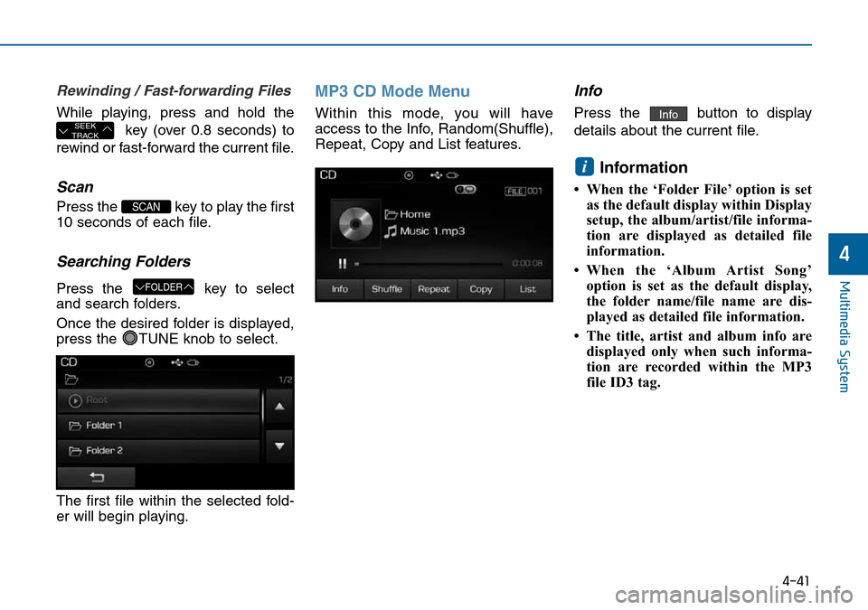 Hyundai Sonata 2015  Owners Manual - RHD (UK, Australia) 4-41
Multimedia System
4
Rewinding / Fast-forwarding Files
While playing, press and hold the
key (over 0.8 seconds) to
rewind or fast-forward the current file.
Scan
Press the  key to play the first
10