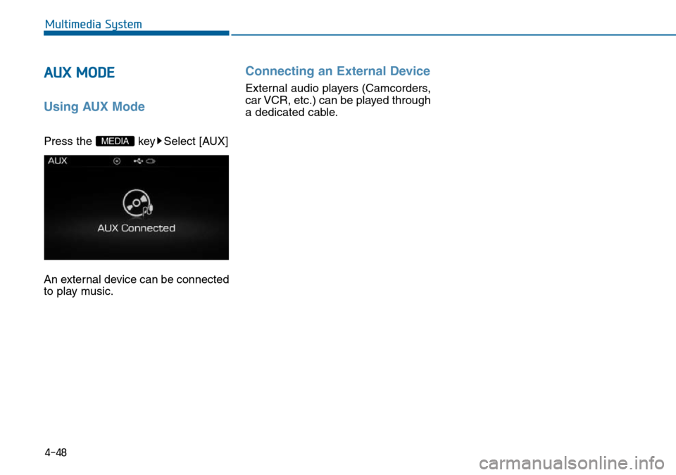 Hyundai Sonata 2015  Owners Manual - RHD (UK, Australia) 4-48
Multimedia System
AUX MODE 
Using AUX Mode
Press the  key Select [AUX]
An external device can be connected
to play music.
Connecting an External Device
External audio players (Camcorders,
car VCR