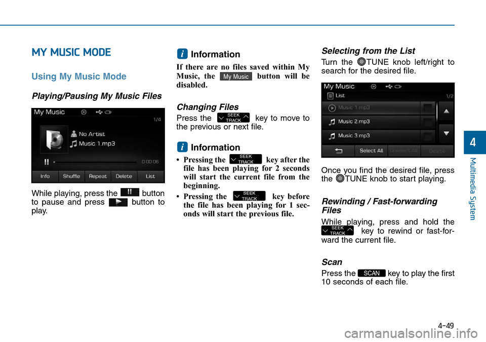 Hyundai Sonata 2015  Owners Manual - RHD (UK, Australia) 4-49
Multimedia System
4
MY MUSIC MODE
Using My Music Mode
Playing/Pausing My Music Files
While playing, press the  button
to pause and press  button to
play.
Information 
If there are no files saved 