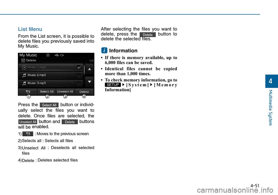 Hyundai Sonata 2015  Owners Manual - RHD (UK, Australia) 4-51
Multimedia System
4
List Menu
From the List screen, it is possible to
delete files you previously saved into
My Music.
Press the  button or individ-
ually select the files you want to
delete. Onc