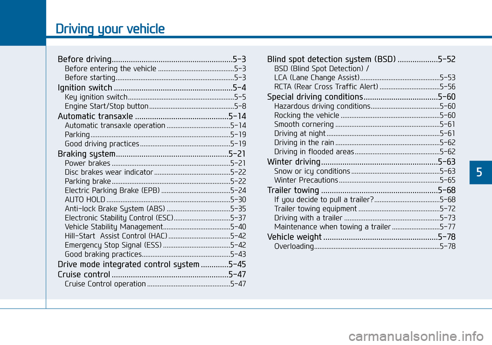 Hyundai Sonata 2015  Owners Manual - RHD (UK, Australia) Driving your vehicle
Before driving.........................................................5-3
Before entering the vehicle ...........................................5-3
Before starting..............