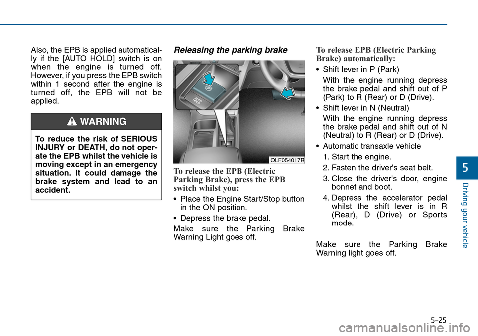 Hyundai Sonata 2015  Owners Manual - RHD (UK, Australia) 5-25
Driving your vehicle
5
Also, the EPB is applied automatical-
ly if the [AUTO HOLD] switch is on
when the engine is turned off.
However, if you press the EPB switch
within 1 second after the engin