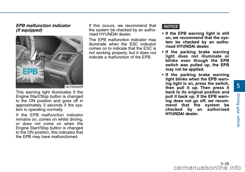 Hyundai Sonata 2015  Owners Manual - RHD (UK, Australia) 5-29
Driving your vehicle
5
EPB malfunction indicator 
(if equipped)
This warning light illuminates if the
Engine Start/Stop button is changed
to the ON position and goes off in
approximately 3 second