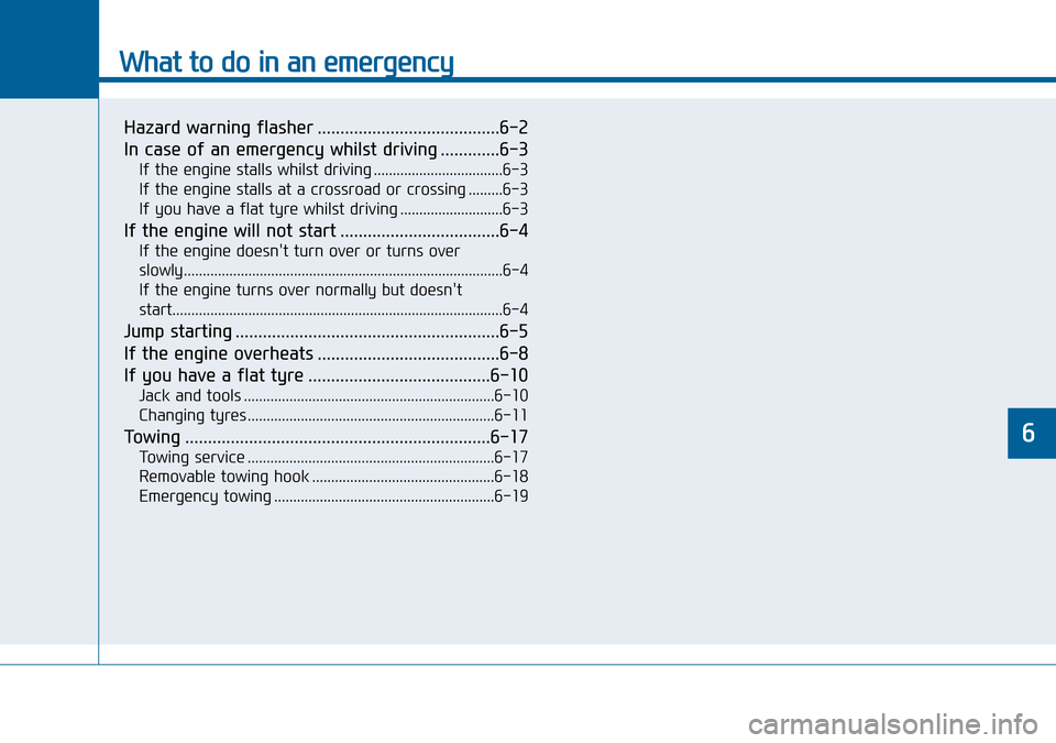 Hyundai Sonata 2015  Owners Manual - RHD (UK, Australia) What to do in an emergency
Hazard warning flasher ........................................6-2
In case of an emergency whilst driving .............6-3
If the engine stalls whilst driving ..............