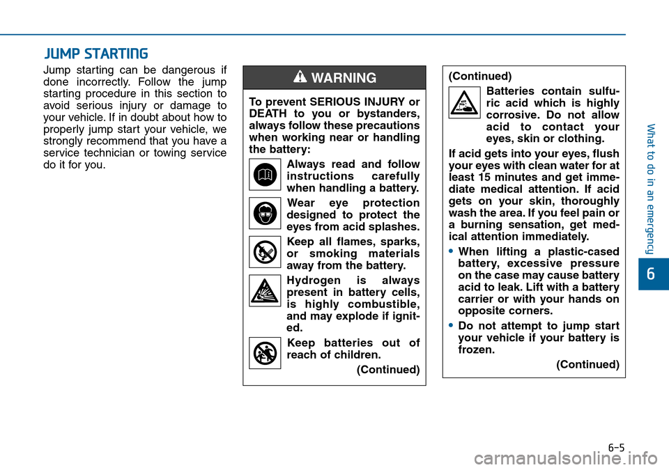 Hyundai Sonata 2015  Owners Manual - RHD (UK, Australia) 6-5
What to do in an emergency
Jump starting can be dangerous if
done incorrectly. Follow the jump
starting procedure in this section to
avoid serious injury or damage to
your vehicle. If in doubt abo