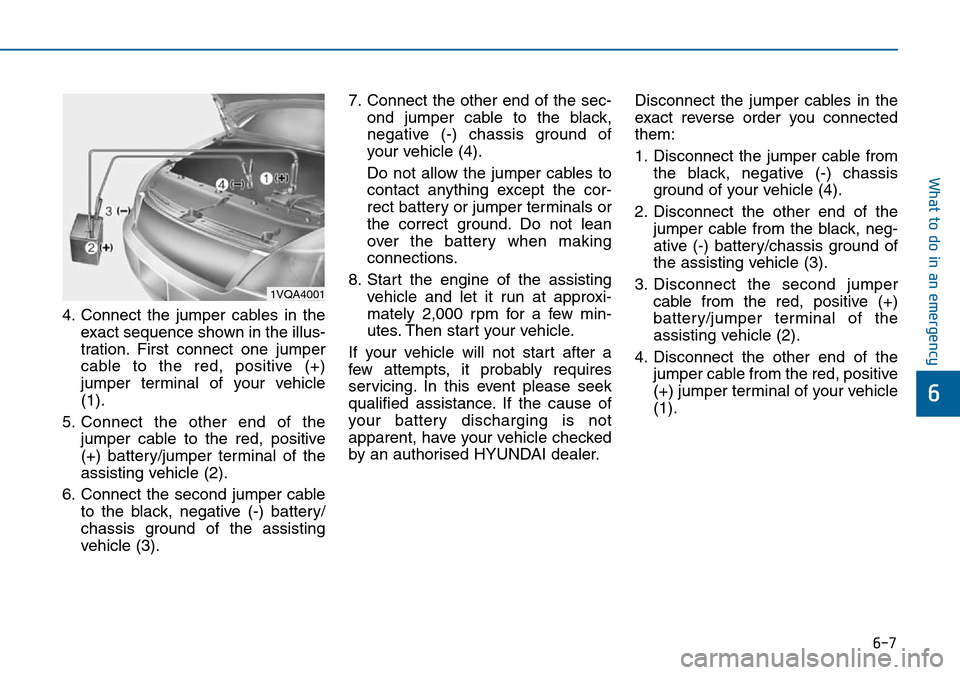 Hyundai Sonata 2015  Owners Manual - RHD (UK, Australia) 6-7
What to do in an emergency
4. Connect the jumper cables in the
exact sequence shown in the illus-
tration. First connect one jumper
cable to the red, positive (+)
jumper terminal of your vehicle
(