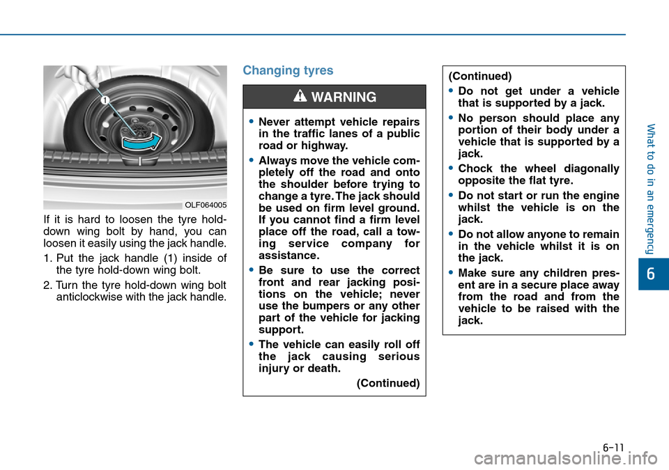 Hyundai Sonata 2015  Owners Manual - RHD (UK, Australia) 6-11
What to do in an emergency
6
If it is hard to loosen the tyre hold-
down wing bolt by hand, you can
loosen it easily using the jack handle.
1. Put the jack handle (1) inside of
the tyre hold-down