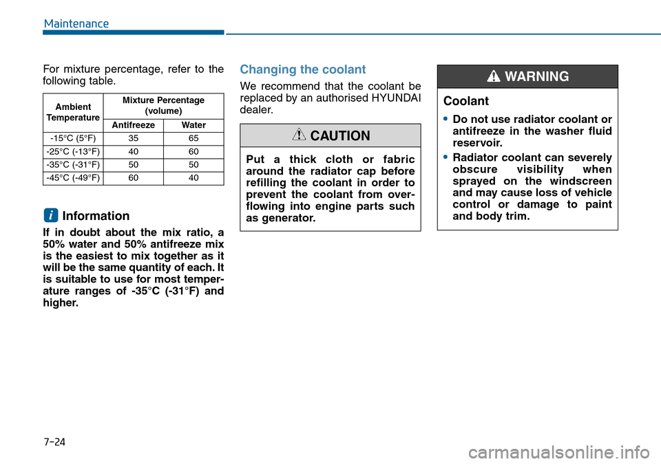 Hyundai Sonata 2015  Owners Manual - RHD (UK, Australia) 7-24
Maintenance
For mixture percentage, refer to the
following table.
Information
If in doubt about the mix ratio, a
50% water and 50% antifreeze mix
is the easiest to mix together as it
will be the 