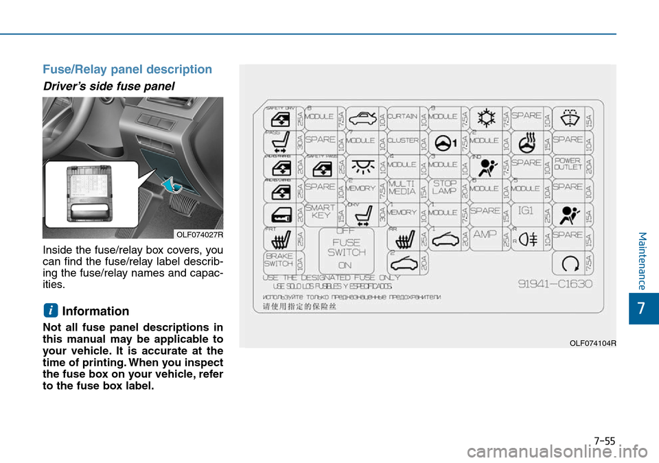 Hyundai Sonata 2015  Owners Manual - RHD (UK, Australia) 7-55
7
Maintenance
Fuse/Relay panel description
Driver’s side fuse panel
Inside the fuse/relay box covers, you
can find the fuse/relay label describ-
ing the fuse/relay names and capac-
ities.
Infor