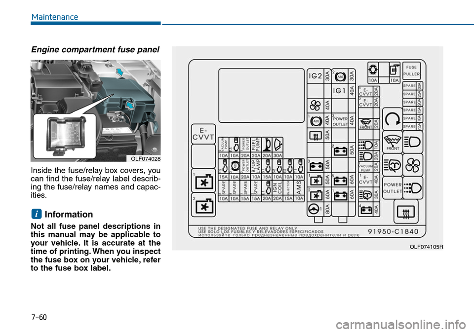 Hyundai Sonata 2015  Owners Manual - RHD (UK, Australia) 7-60
Maintenance
Engine compartment fuse panel 
Inside the fuse/relay box covers, you
can find the fuse/relay label describ-
ing the fuse/relay names and capac-
ities.
Information
Not all fuse panel d