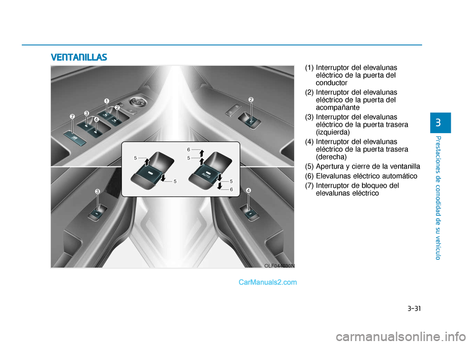 Hyundai Sonata 2015  Manual del propietario (in Spanish) 3-31
Prestaciones de comodidad de su vehículo
3
(1) Interruptor del elevalunaseléctrico de la puerta del
conductor
(2) Interruptor del elevalunas eléctrico de la puerta del
acompañante
(3) Interru